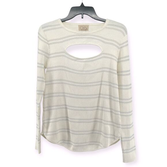 Chaser Women’s White Metallic Silver Striped Cotton Cutout Ribbed Sweater Medium - Picture 1 of 14